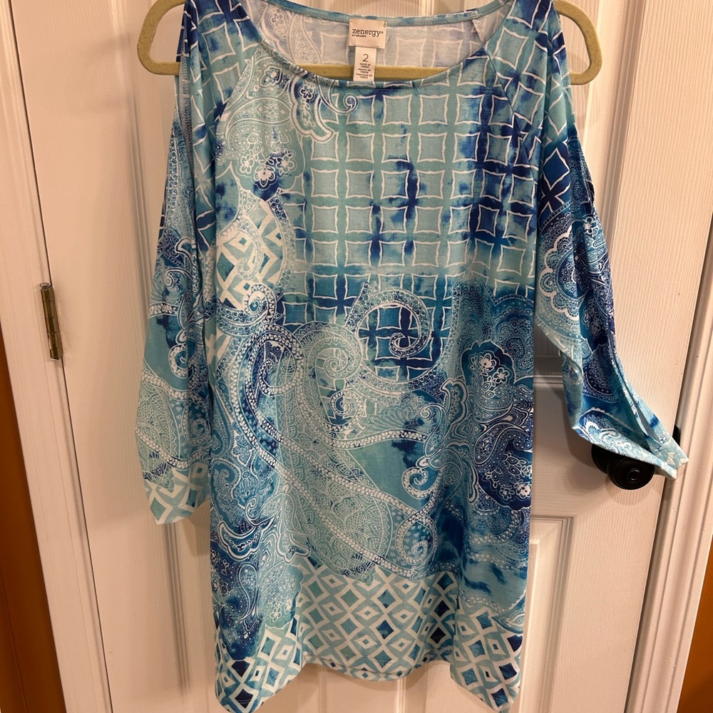 Chico’s size 2 (14/16) open shoulder Blue and White Patterned Tunic Top or Dress